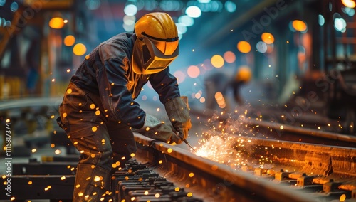 A worker in safety gear and protective glasses is working on the railroad tracks, welding them together with an industrial welding machine to create new paths for trains. photo