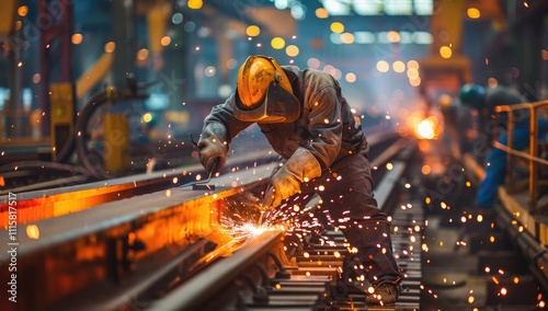 A worker in safety gear and protective glasses is working on the railroad tracks, welding them together with an industrial welding machine to create new paths for trains.