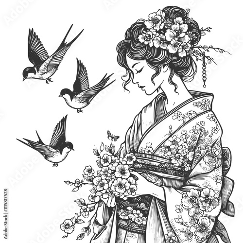geisha in traditional attire, surrounded by cherry blossoms and flying birds in a serene scene sketch engraving generative ai vector illustration. Scratch board imitation. Black and white image.