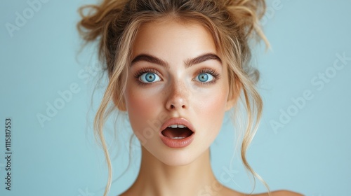 Surprised young woman with wide-open eyes and mouth, expressive face, soft background, emotional reaction, natural beauty, whimsical portrait, bright mood, studio shot.