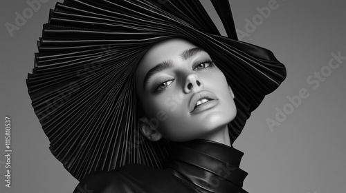 Artistic black and white photograph of a model in avant garde fashion