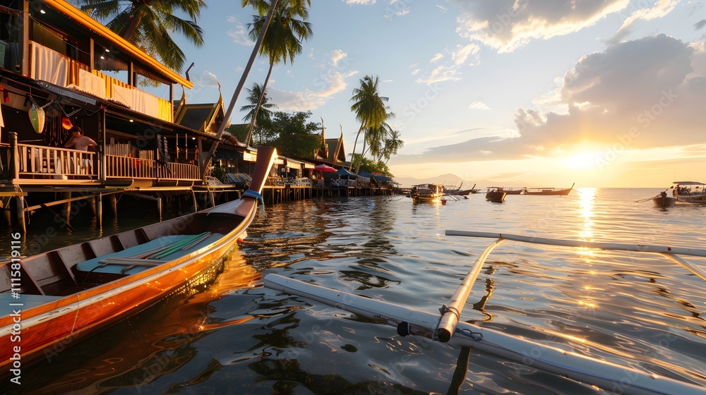 Fototapeta premium Serene sunset at a thai island seaside view of boats and palm trees tranquil nature scene