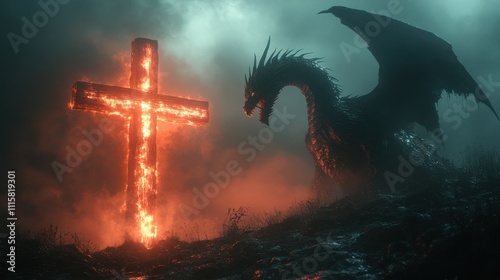 Dragon facing flaming cross in misty forest, dramatic fantasy scene, glowing light, battle of faith and strength, mythical creature symbolism, intense atmosphere, spiritual. photo