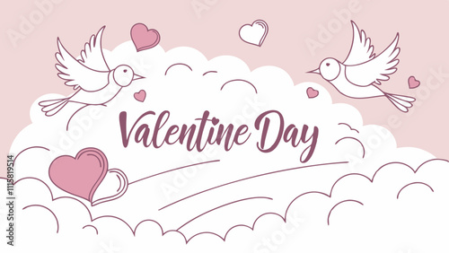 Dreamy Valentine Day banner with hearts and birds creating a soft, romantic atmosphere
