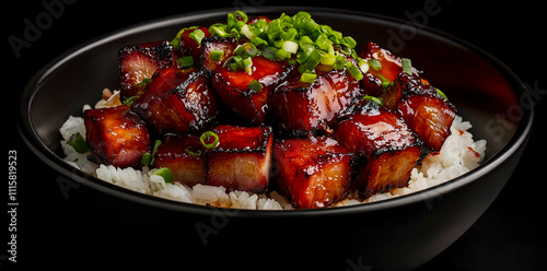 A black bowl of rice with multiple pieces or slices of grilled pork belly. photo