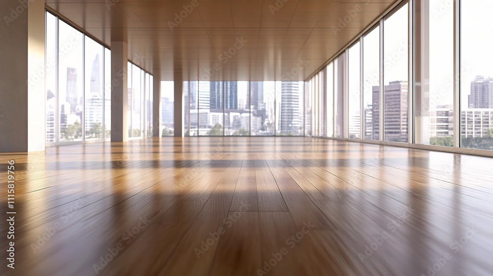 Empty Modern Office Space with Large Windows and City View Empty Modern Office Space with Large Windows and City View