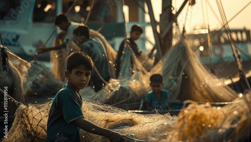 Cinematic, documentary photography of a boy in fisherman working on fishing nets at the port with other children and young men. photo