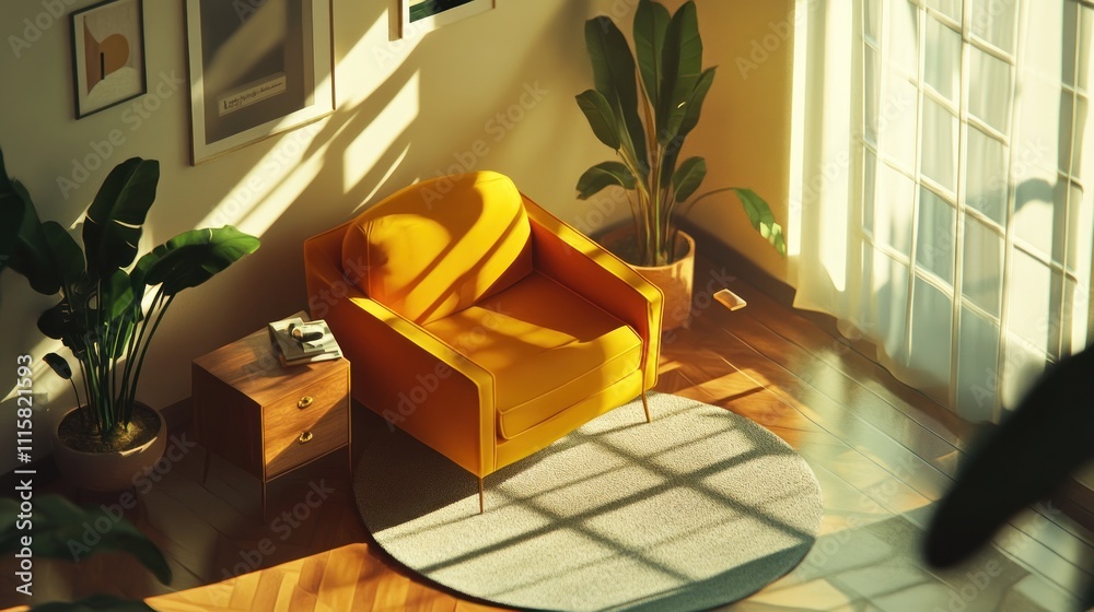 Fototapeta premium Yellow armchair in sunlit room with plants and wooden accents