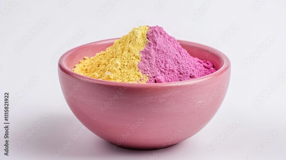 A bowl containing yellow and pink powdered substances, likely for artistic or cultural use. A bowl containing yellow and pink powdered substances, likely for artistic or cultural use.
