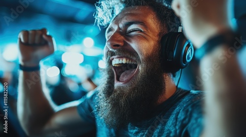 A passionate individual, wearing a headset, is fervently cheering with raised fists amidst a crowd, reflecting the energy and excitement typical of live events. photo