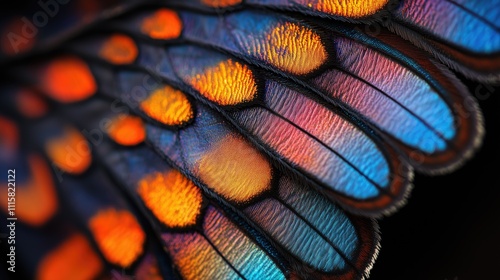 Close-up of a butterfly wing showcasing vibrant colors and intricate patterns.