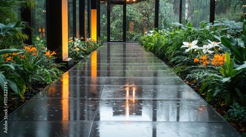 A modern garden pathway enclosed by glass walls, flanked by lush foliage with raindrops falling gently, capturing the essence of growth and peace. photo