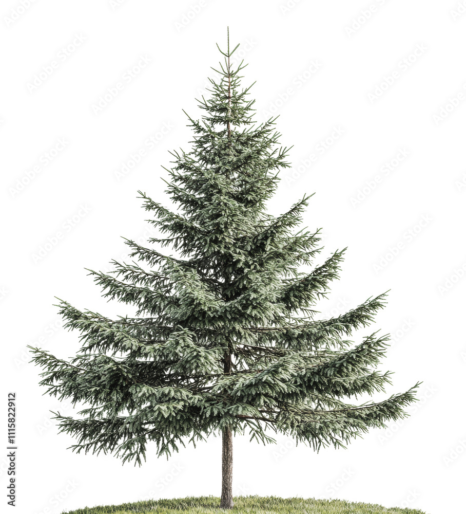 Evergreen tree with lush branches in bright light, cut out - stock png. Evergreen tree with lush branches in bright light, cut out - stock png.