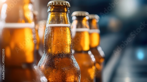 Several brown beer bottles tightly arranged, covered in condensation droplets, create a visually appealing image highlighting coolness and refreshment in the brewery. photo