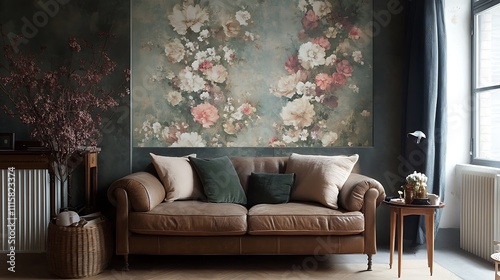 Victorian floral wallpaper with muted colors and a slightly distressed finish for a classic touch  photo