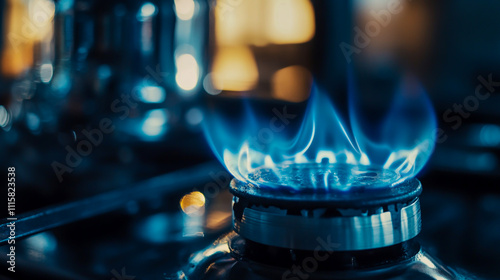 Close-up of a Gas Burner with Blue Flame, Soft Selective Focus on Natural Gas . photo