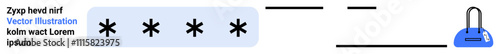 A password input field with asterisks and blue lock symbol represents security and privacy. Ideal for security protocols, login pages, data protection, user authentication, privacy practices, secure