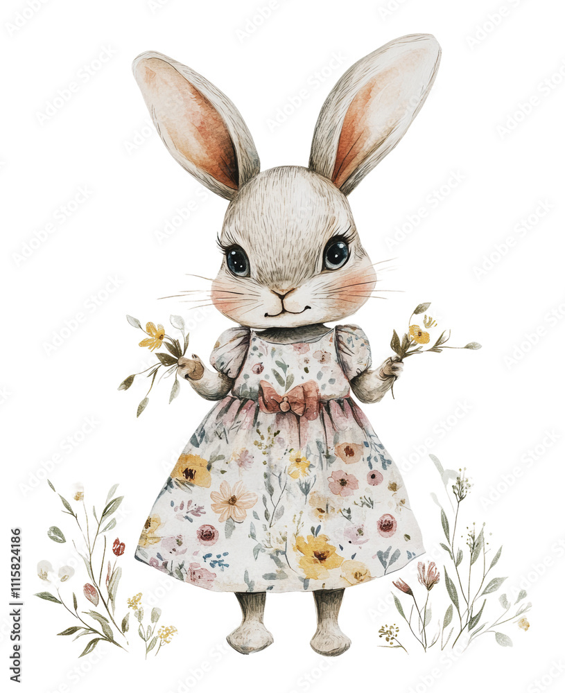 Fototapeta premium Cute rabbit in a floral dress holding flowers, cut out - stock png.