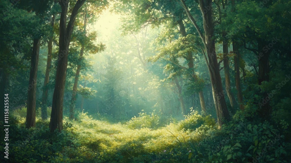 Obraz premium Lush forest scene with sunlight filtering through trees and greenery.