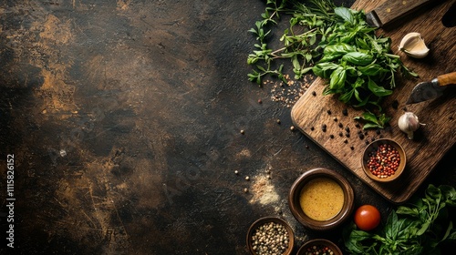 Rustic kitchen setting with fresh herbs and spices