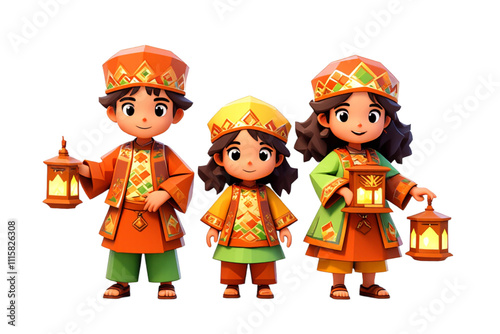 Children Holding Lanterns Celebrating Ramadan with Joy, Transparent Background photo