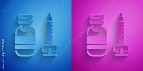 Paper cut Medical syringe with needle icon isolated on blue and purple background. Vaccination, injection, vaccine, insulin concept. Paper art style. Vector