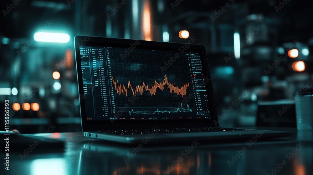A laptop displaying data analytics in a dimly lit industrial setting. A laptop displaying data analytics in a dimly lit industrial setting.