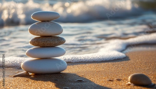 Stacked stones on a sandy beach with gentle waves in the background.