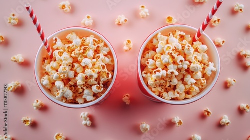 Popcorn in striped red cups on vibrant background with scattered kernels, movie theater snack, fun party food, cinema atmosphere, bright and colorful scene. photo