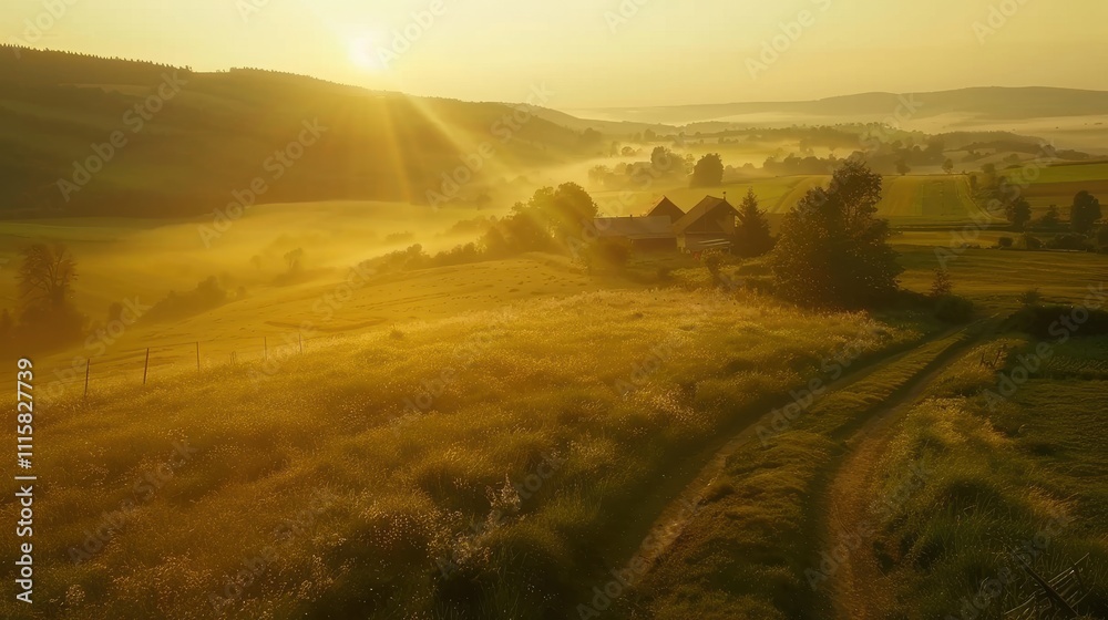 Obraz premium Experience the Serenity of Nature with an Ultra HD Aerial View of a Peaceful Countryside Set Against the Beautiful Landscape, Perfect for Projects Related to Agriculture, Environment and Travel.