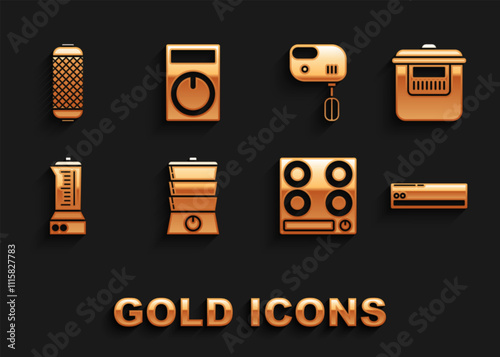 Set Double boiler, Slow cooker, Air conditioner, Gas stove, Blender, Electric mixer, Stereo speaker and Remote control icon. Vector