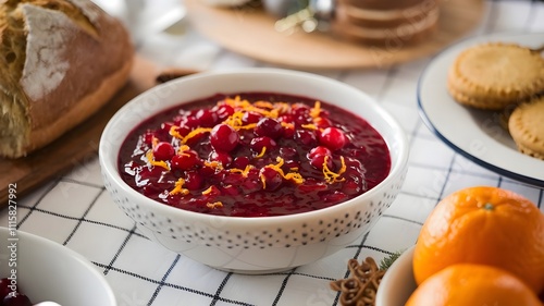Wallpaper Mural Homemade cranberry sauce with orange zest and cinnamon, served in white bowl with festive garnishes on rustic wooden table Torontodigital.ca