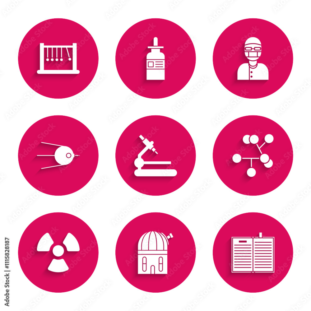 Set Microscope, Astronomical observatory, Open science book, Molecule, Radioactive, Satellite, Assistant and Pendulum icon. Vector Set Microscope, Astronomical observatory, Open science book, Molecule, Radioactive, Satellite, Assistant and Pendulum icon. Vector