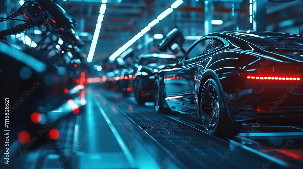 Fototapeta premium Futuristic car assembly line featuring sleek vehicles in a high-tech environment.