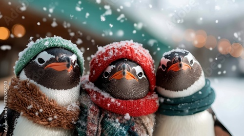 A charming trio of penguins decked out in colorful winter scarves stand together amidst a gentle snowfall, capturing the joy and coziness of the winter season. photo