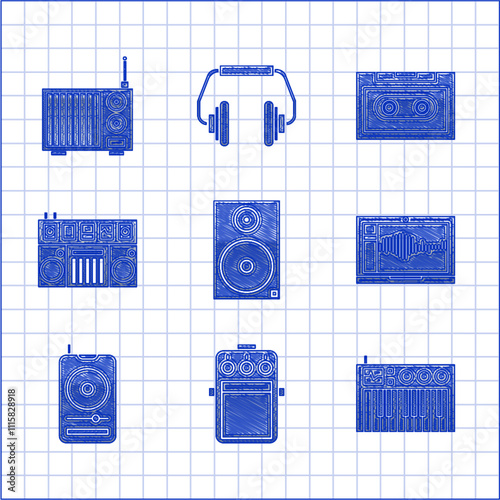 Set Stereo speaker, Guitar pedal, Music synthesizer, Sound or audio recorder on laptop, player, DJ remote for playing and mixing music, Retro cassette tape and Radio with antenna icon. Vector