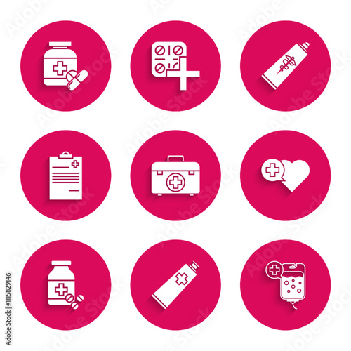 Set First aid kit, Ointment cream tube medicine, IV bag, Heart with cross, Medicine bottle and pills, Medical clipboard clinical record, and icon. Vector