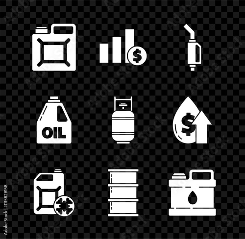 Set Canister for gasoline, Pie chart infographic and dollar, Gasoline pump nozzle, Antifreeze canister, Barrel oil, motor machine, and Propane tank icon. Vector