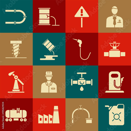 Set Canister for motor oil, Petrol gas station, Industry pipe and valve, Exclamation mark in triangle, Barrel leak, Rotating drill digging hole, and Gasoline pump nozzle icon. Vector