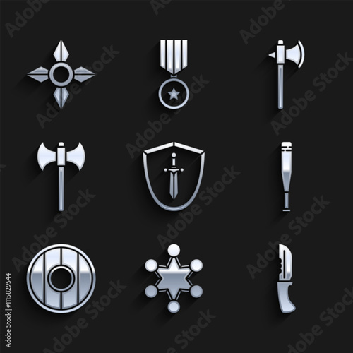 Set Medieval shield with sword, Police badge, Military knife, Baseball bat, Round wooden, axe, and Japanese ninja shuriken icon. Vector