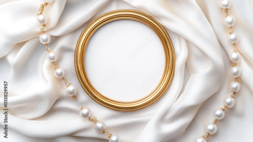 Gold Frame Pearls Elegant White Silk Background Gold Frame Pearls Elegant White Silk Background