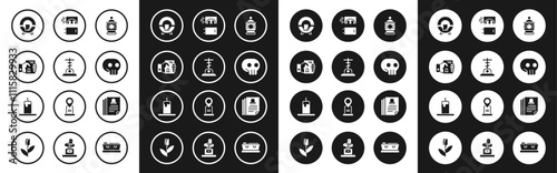Set Funeral urn, Grave with cross, Death certificate in hand, Memorial wreath, Skull, Crematorium, and Burning candle icon. Vector