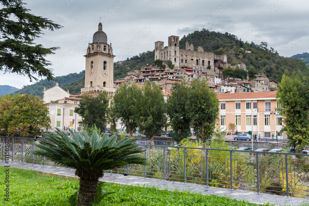 Fototapeta premium Old town and medieval Doria Castle in Dolceacqua village, Italy,
