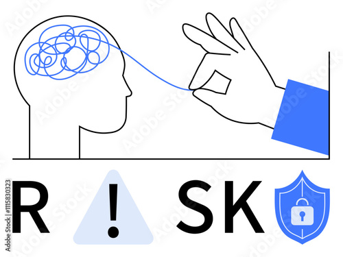 Head with tangled lines, hand untangling lines, RSK text with exclamation mark, lock shield. Ideal for risk management, mental clarity, problem-solving, security, safety decision-making insurance
