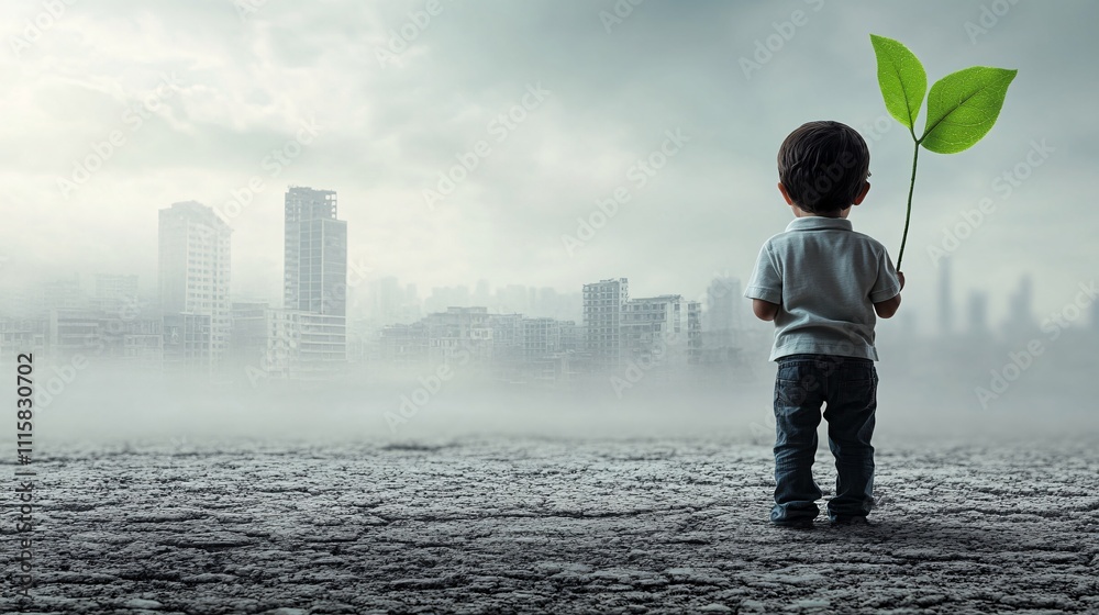A child standing on a barren wasteland, viewing a polluted skyline filled with smog and ruined buildings, representing the challenges of climate change and a world in despair A child standing on a barren wasteland, viewing a polluted skyline filled with smog and ruined buildings, representing the challenges of climate change and a world in despair