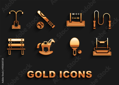 Set Horse in saddle swing, Jump rope, Bungee, Racket and ball, Bench, Abacus, Street light and Baseball bat with icon. Vector