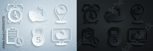 Set Weight, Bodybuilder muscle, Sport training program, and Alarm clock icon. Vector