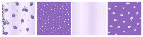 Vector illustration. Set of seamless patterns in purple tones, blackberries, flowers, leaves, stripes, dots. Ditsy fruits, summer, fabric design, textile, wrapping paper

