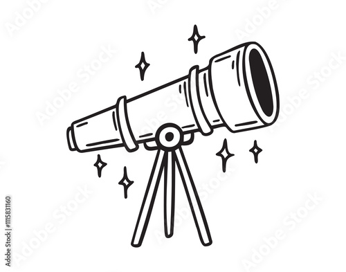 Telescope doodle hand drawn icon. Outline drawing telescope with stars line clipart symbol 