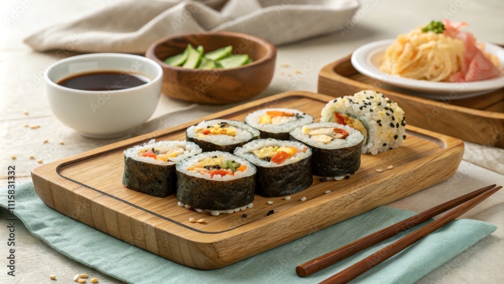 Cozy arrangement of mini kimbap bites on a wooden platter Cozy arrangement of mini kimbap bites on a wooden platter